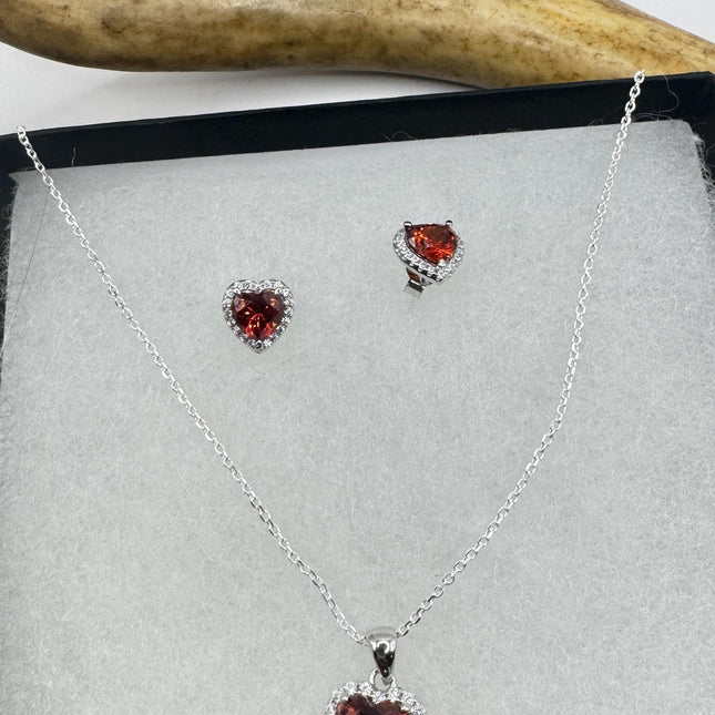 vintage red heart garnet set 925 sterling silver necklace and earrings-TomWayne Jewelers
