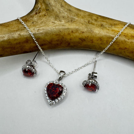vintage red heart garnet set 925 sterling silver necklace and earrings-TomWayne Jewelers