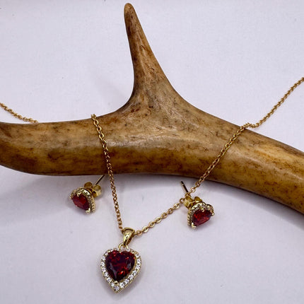 vintage red heart garnet set gold 925 sterling silver necklace and earrings-TomWayne Jewelers