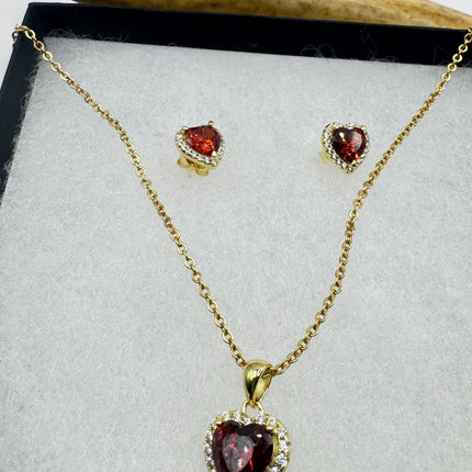 vintage red heart garnet set gold 925 sterling silver necklace and earrings-TomWayne Jewelers