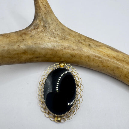 Vintage Black Onyx Brooch Pin, Gold Filled black velvet choker-Pins and Brooches-TomWayne Jewelers