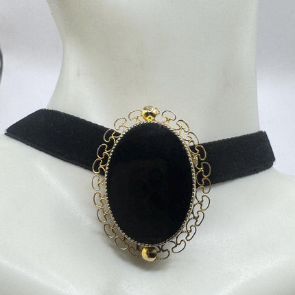 Vintage Black Onyx Brooch Pin, Gold Filled black velvet choker-Pins and Brooches-TomWayne Jewelers
