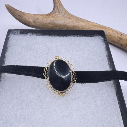 Vintage Black Onyx Brooch Pin, Gold Filled black velvet choker-Pins and Brooches-TomWayne Jewelers