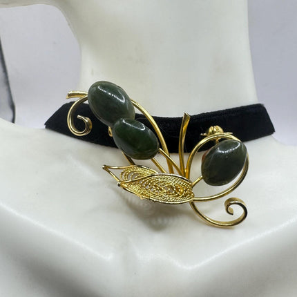 Vintage Green Jade Brooch Pin - Gold Filled Black Velvet Choker Lucky Jade Design-Pins and Brooches-TomWayne Jewelers