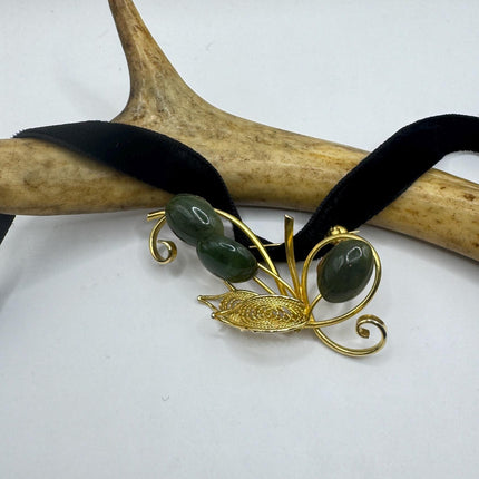 Vintage Green Jade Brooch Pin - Gold Filled Black Velvet Choker Lucky Jade Design-Pins and Brooches-TomWayne Jewelers