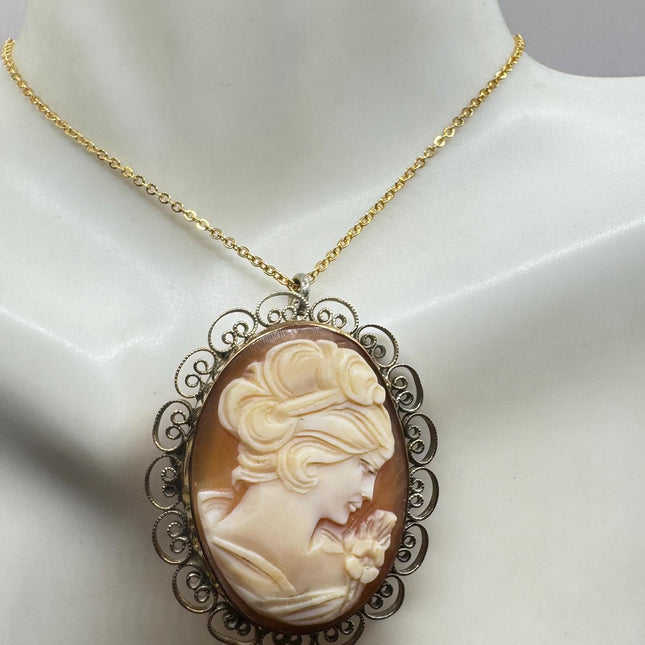 Vintage Cameo Necklace: GF Pendant, Delicate Gold Chain Pin Brooch