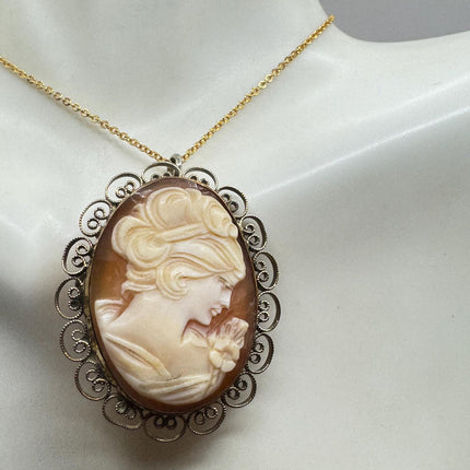 Vintage Cameo Necklace: GF Pendant, Delicate Gold Chain Pin Brooch