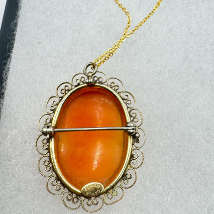 Vintage Cameo Necklace: GF Pendant, Delicate Gold Chain Pin Brooch