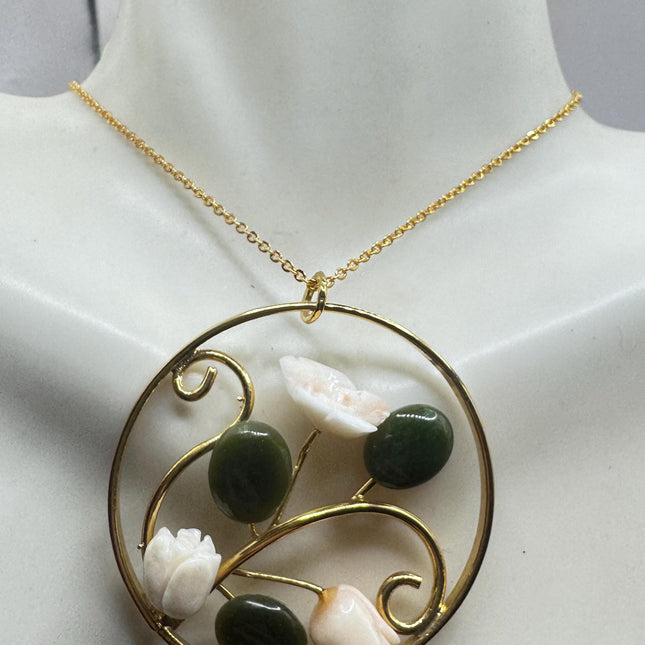 Vintage Green Jade Coral Rose Brooch: Gold Filled-Pins and Brooches-TomWayne Jewelers