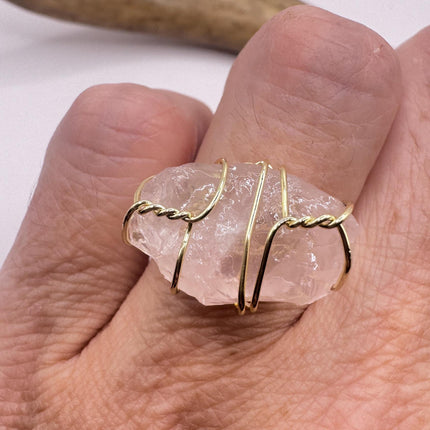 Vintage Pink Rose Quartz Statement Ring Gold 925 Sterling Silver Adjustable-Rings-TomWayne Jewelers
