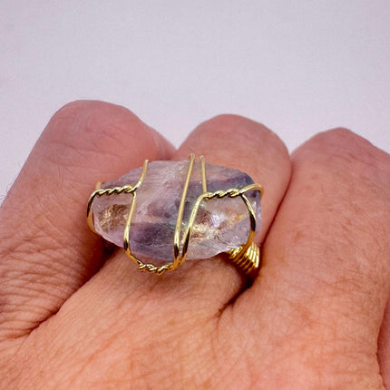 Vintage Green Purple Fluorite Statement Ring Gold 925 Sterling Silver Adjustable-Rings-TomWayne Jewelers