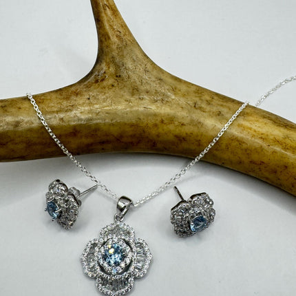 Vintage Blue Topaz Flower Set 925 sterling Silver Necklace and Earrings-TomWayne Jewelers