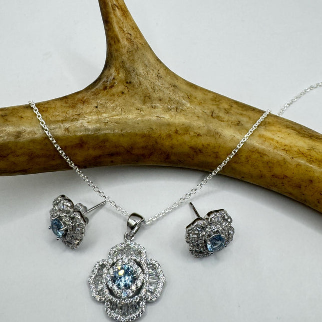 Vintage Blue Topaz Flower Set 925 sterling Silver Necklace and Earrings-TomWayne Jewelers