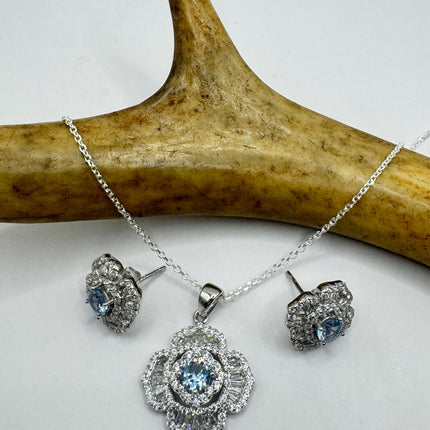 Vintage Blue Topaz Flower Set 925 sterling Silver Necklace and Earrings-TomWayne Jewelers