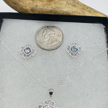 Vintage Blue Topaz Flower Set 925 sterling Silver Necklace and Earrings-TomWayne Jewelers