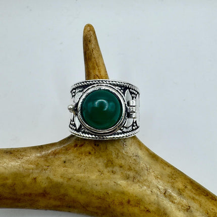 Vintage Silver Bronze Poison Ring | Retro Green Chrysoprase Statement Ring-Rings-TomWayne Jewelers