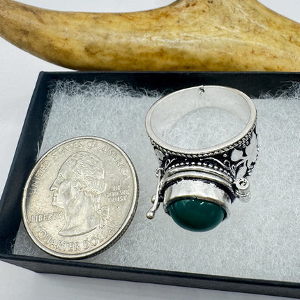 Vintage Silver Bronze Poison Ring | Retro Green Chrysoprase Statement Ring-Rings-TomWayne Jewelers