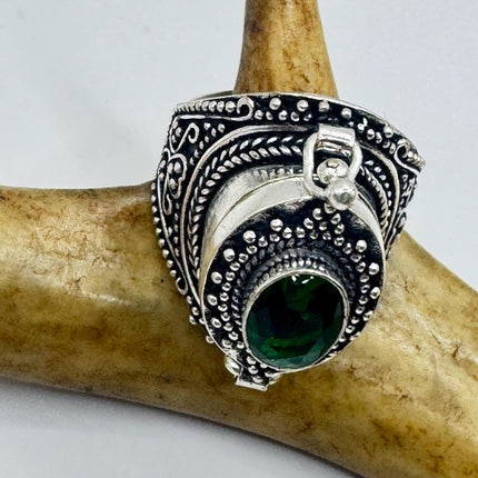 Vintage Silver Bronze Poison Ring | Retro Green Crystal Statement Ring-Rings-TomWayne Jewelers
