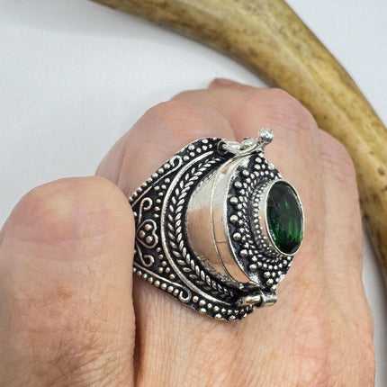 Vintage Silver Bronze Poison Ring | Retro Green Crystal Statement Ring-Rings-TomWayne Jewelers