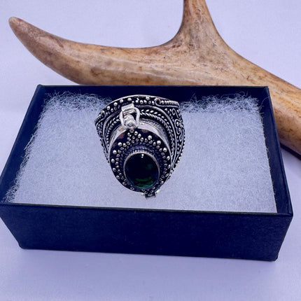 Vintage Silver Bronze Poison Ring | Retro Green Crystal Statement Ring-Rings-TomWayne Jewelers