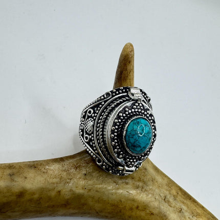 Vintage Silver Bronze Poison Ring | Blue Turquoise | Ring-Rings-TomWayne Jewelers