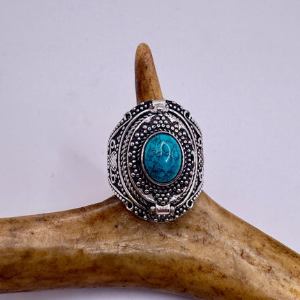 Vintage Silver Bronze Poison Ring | Blue Turquoise | Ring-Rings-TomWayne Jewelers