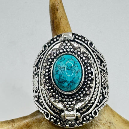 Vintage Silver Bronze Poison Ring | Blue Turquoise | Ring-Rings-TomWayne Jewelers