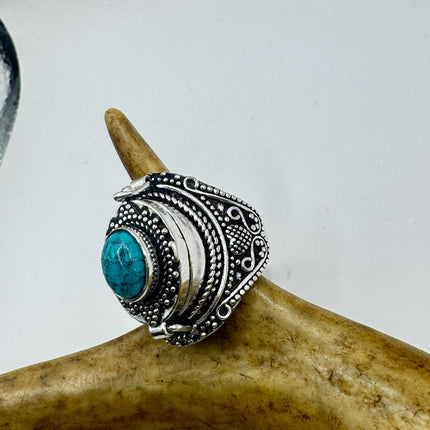 Vintage Silver Bronze Poison Ring | Blue Turquoise | Ring-Rings-TomWayne Jewelers