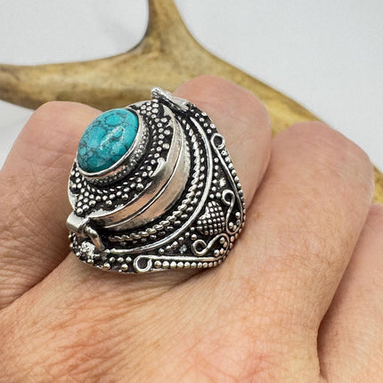 Vintage Silver Bronze Poison Ring | Blue Turquoise | Ring-Rings-TomWayne Jewelers