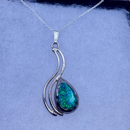 Vintage Blue Fire Opal 925 Sterling Silver Necklace
