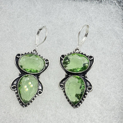 Vintage Green Glass Dangle Earrings Sterling Silver Leverbacks-Earrings-TomWayne Jewelers