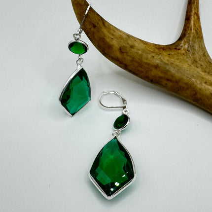 Vintage Green Glass Dangle Earrings Sterling Silver Leverbacks-Earrings-TomWayne Jewelers