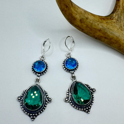 Vintage Green Aqua Glass Dangle Earrings Sterling Silver Leverbacks-Earrings-TomWayne Jewelers