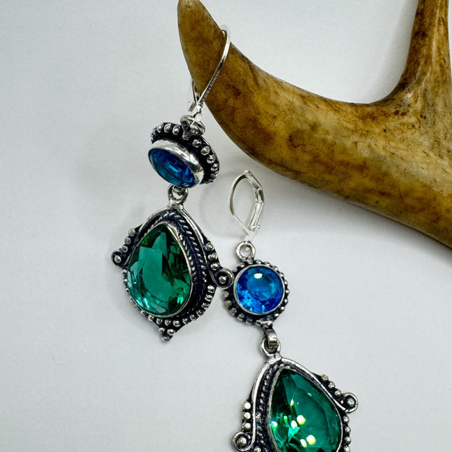 Vintage Green Aqua Glass Dangle Earrings Sterling Silver Leverbacks-Earrings-TomWayne Jewelers