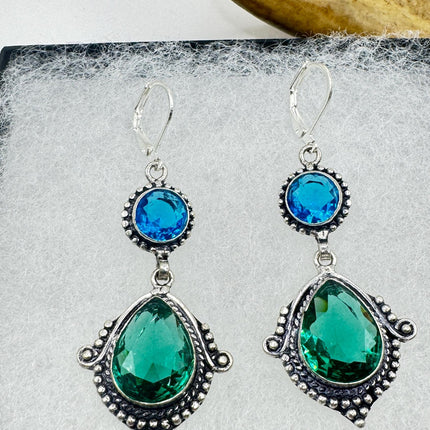 Vintage Green Aqua Glass Dangle Earrings Sterling Silver Leverbacks-Earrings-TomWayne Jewelers