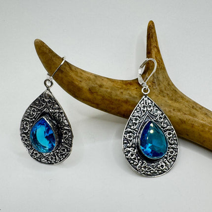 Vintage Aqua Glass Dangle Earrings Sterling Silver Leverbacks-Earrings-TomWayne Jewelers