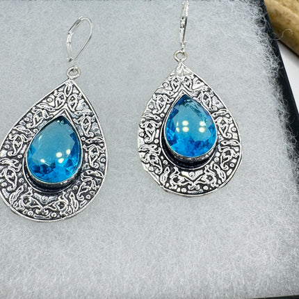 Vintage Aqua Glass Dangle Earrings Sterling Silver Leverbacks-Earrings-TomWayne Jewelers