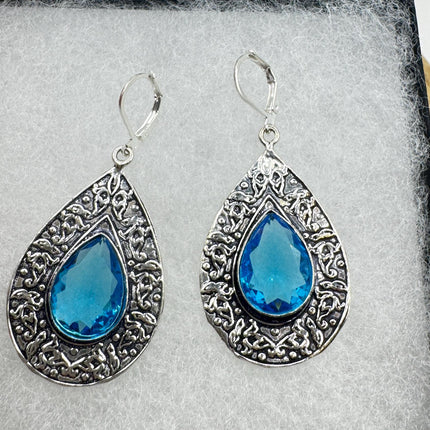 Vintage Aqua Glass Dangle Earrings Sterling Silver Leverbacks-Earrings-TomWayne Jewelers