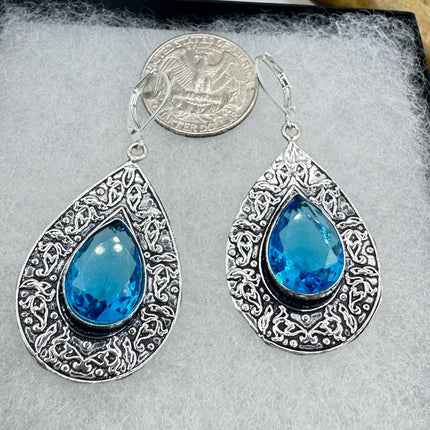 Vintage Aqua Glass Dangle Earrings Sterling Silver Leverbacks-Earrings-TomWayne Jewelers