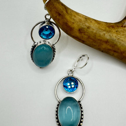 Vintage Aqua Glass Cats Eye Dangle Earrings Sterling Silver Leverbacks-Earrings-TomWayne Jewelers