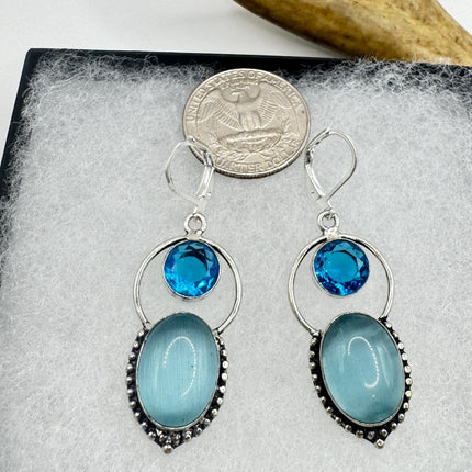 Vintage Aqua Glass Cats Eye Dangle Earrings Sterling Silver Leverbacks-Earrings-TomWayne Jewelers