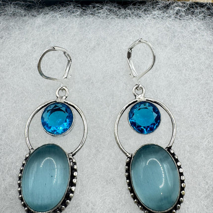 Vintage Aqua Glass Cats Eye Dangle Earrings Sterling Silver Leverbacks-Earrings-TomWayne Jewelers