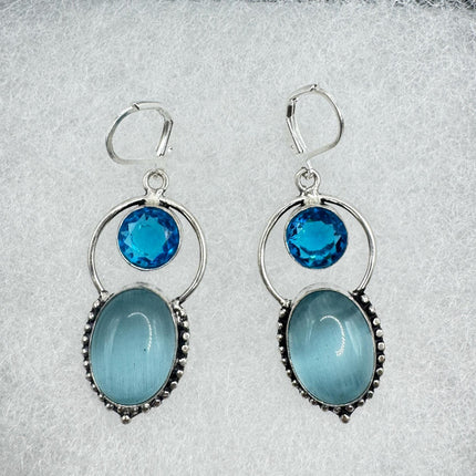 Vintage Aqua Glass Cats Eye Dangle Earrings Sterling Silver Leverbacks-Earrings-TomWayne Jewelers