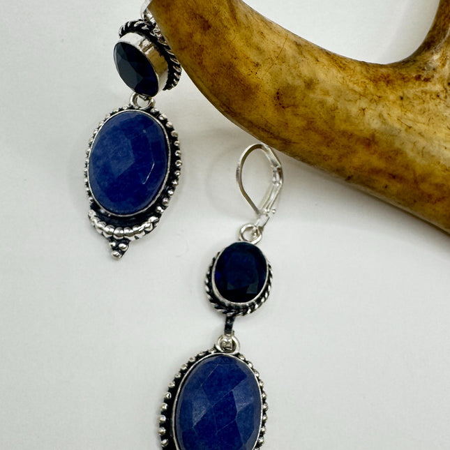 Vintage Blue Sapphire Dangle Earrings Sterling Silver Leverbacks