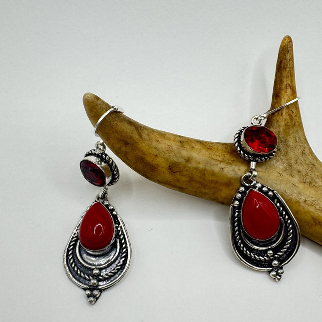 Vintage Red Coral Glass Silver Earrings | 925 sterling Silver Lever Backs