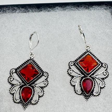 Vintage Red Ruby Glass Dangle Earrings Sterling Silver Design Statement Leverbacks-Earrings-TomWayne Jewelers