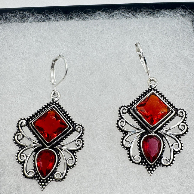 Vintage Red Ruby Glass Dangle Earrings Sterling Silver Design Statement Leverbacks-Earrings-TomWayne Jewelers