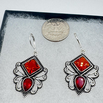 Vintage Red Ruby Glass Dangle Earrings Sterling Silver Design Statement Leverbacks-Earrings-TomWayne Jewelers