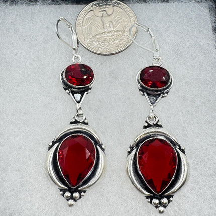 Vintage Red Ruby Glass Dangle Earrings Sterling Silver Design Statement Leverbacks-Earrings-TomWayne Jewelers