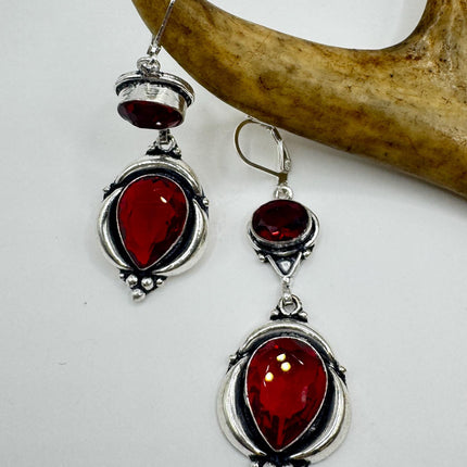 Vintage Red Ruby Glass Dangle Earrings Sterling Silver Design Statement Leverbacks-Earrings-TomWayne Jewelers